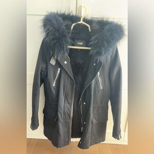 Maje Black Fur-Trim Hooded Utility Jacket